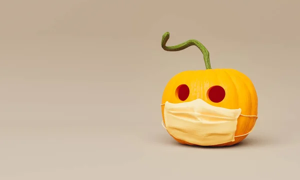 Halloween Pumpkin Medical Mask Beige Background Autumn Concept Halloween 2021 — Stock Photo, Image