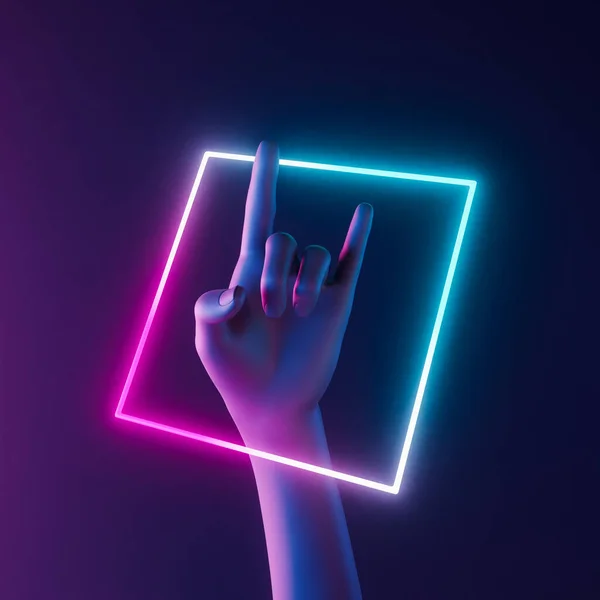 Soyut el, rock 'n roll jesti ve aydınlatıcı neon kutuyla. Müzik konsepti. 3d hazırlayıcı