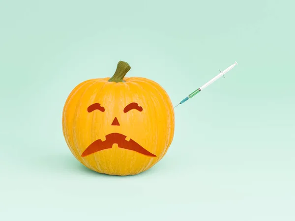 Halloween Pumpkin Scary Face Syringe Concept Covid Vaccination Halloween Autumn — Stock Photo, Image