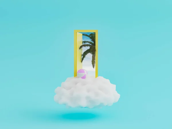 Minimalistische Deur Een Wolk Met Palmboom Strandbal Die Eruit Komt — Stockfoto