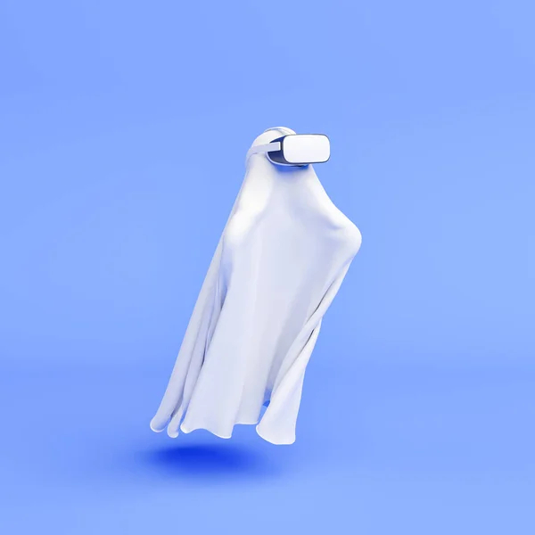 Ghost Virtual Reality Glasses Minimalist Blue Background Halloween Concept Technology — Stock Photo, Image