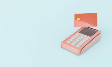 Üzerinde kredi kartı olan bir datafon ve mesaj için yer. Minimum temassız ödeme konsepti. 3d oluşturma