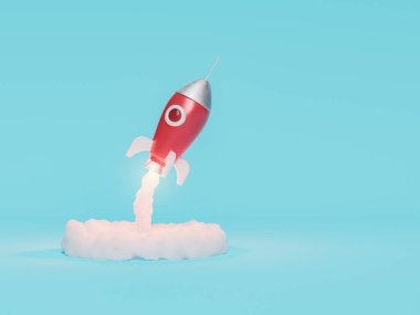 Oyuncak roket dumanla havalanıyor. Eğitim ve başarı kavramı. 3d oluşturma