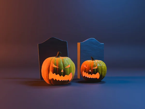 Osvětlené Halloweenské Dýně Hroby Zády Strašidelným Osvětlením Vykreslování — Stock fotografie