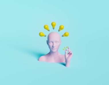 Dişi göğüs kafasının üstünde ampuller yüzer ve parmaklarını şaklatır. Büyük bir fikir ve başarının minimalist konsepti. 3d oluşturma