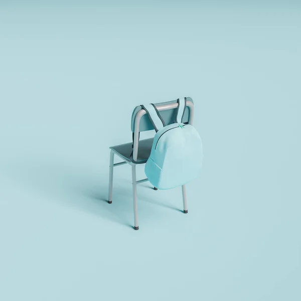 Cadeira Escola Solitária Com Mochila Pendurada Tons Azuis Conceito Mínimo — Fotografia de Stock