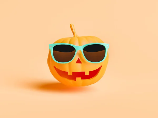 Dýně Šťastnou Tváří Slunečními Brýlemi Minimální Halloween Koncept Vykreslování — Stock fotografie