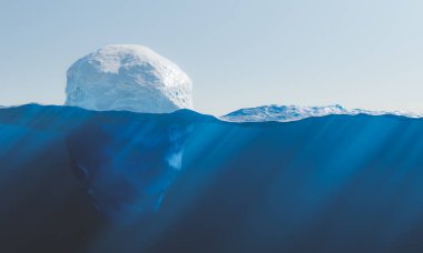 Denizde yüzen buzdağı, deniz tabanını yakıcı maddelerle görüyor. Çevre, buz erimesi ve küresel ısınma kavramı. 3d oluşturma
