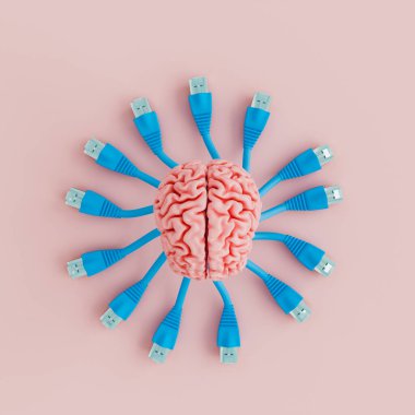 Ağ kablolarına bağlı bir beynin üst görüntüsü. Teknoloji, yapay zeka ve fikirler. 3d oluşturma