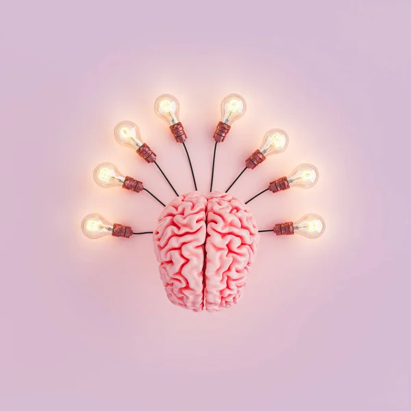 Widok Góry Mózgu Kilkoma Żarówkami Podłączonymi Oświetlonymi Koncepcja Edukacji Idei — Zdjęcie stockowe
