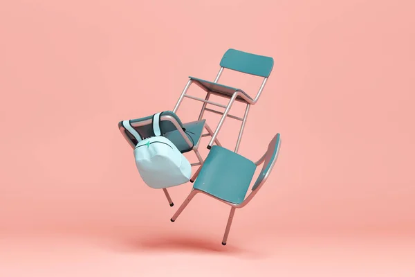 Schulstühle Mit Einem Der Luft Schwebenden Rucksack Gestapelt Auf Pastellfarbenem — Stockfoto