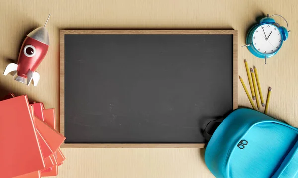 Empty Chalk Board School Supplies Wooden Table Concept Education Back — Stock Photo, Image