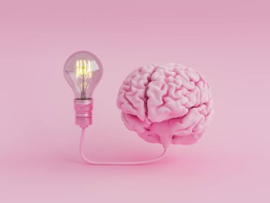Beyni yanan bir ampule bağlı. Pastel renkli monokromatik sahne. Minimum düşünce, zeka, teknoloji, eğitim ve öğrenme kavramı. 3d oluşturma