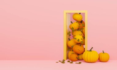 İçinde balkabağı ve sonbahar yaprakları olan kapılar pastel pembe renklerle çıkıyor. Metin için boşluk. Sonbahar ve cadılar bayramı için asgari konsept. 3d oluşturma