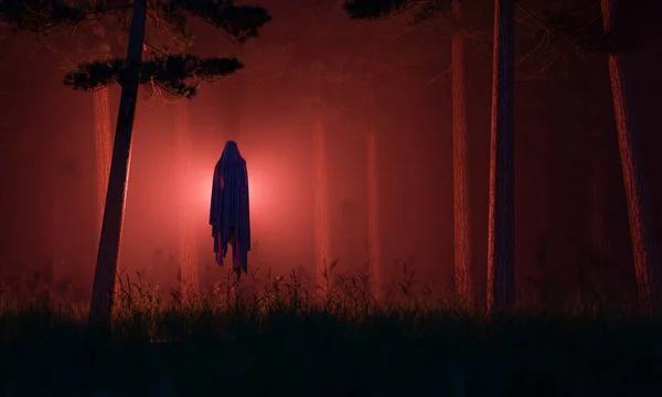 Жуткая Ночь Лесу Туманом Злой Дух Красным Светом Среди Деревьев — стоковое фото