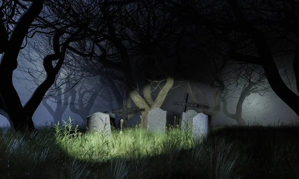 Cimitero Illuminato Una Lanterna Una Foresta Terrificante Con Sfondo Nebbioso — Foto Stock