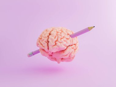 Minimalist bir sahnede kurşun kalemle yazılmış bir beyin. Eğitim, öğrenme, ilham ve beyin fırtınası konsepti. 3d oluşturma