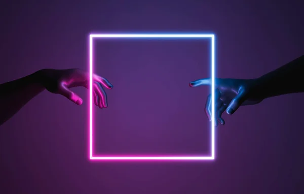 Adam 'ın ürün sergisi veya tasarımı için merkezinde neon çerçeve olan yaratılış tarzı elleri. 3d oluşturma