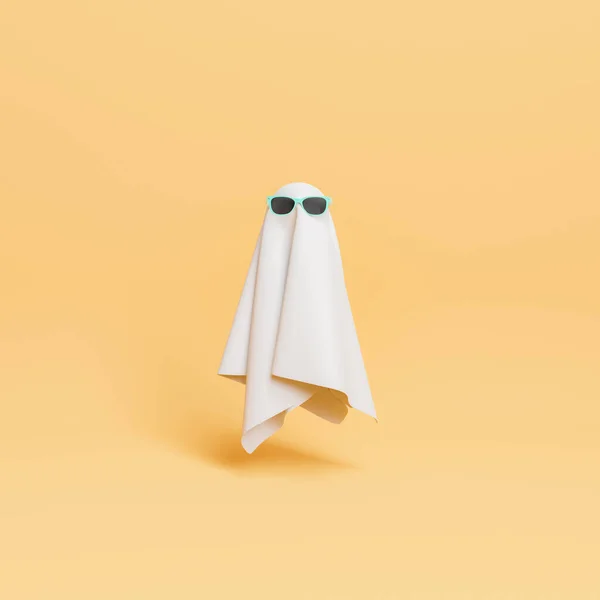 Pequeño Fantasma Tela Con Gafas Sol Concepto Halloween Mínimo Renderizado — Foto de Stock