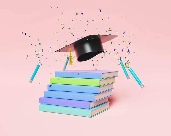 Pilha Livros Passos Com Chapéu Graduação Cima Tubos Disparando Confete — Fotografia de Stock