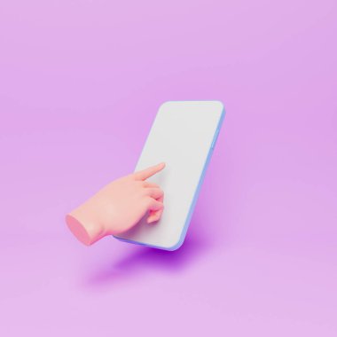 Soyut bir el havada süzülen bir cep telefonuna dokunuyor. Teknoloji, uygulamalar ve online alışveriş için minimum konsept. 3d oluşturma