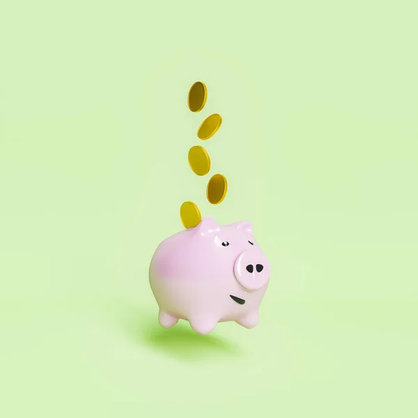 粉色的储蓄罐漂浮在空中 硬币落在上面 储蓄和经济的简约概念 3D渲染 — 图库照片