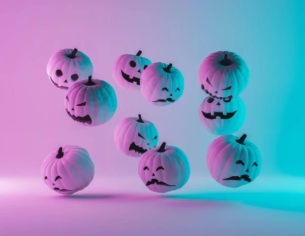 Skupina Halloween Dýně Vznášející Vzduchu Modrým Růžovým Neonovým Osvětlením Vykreslování — Stock fotografie