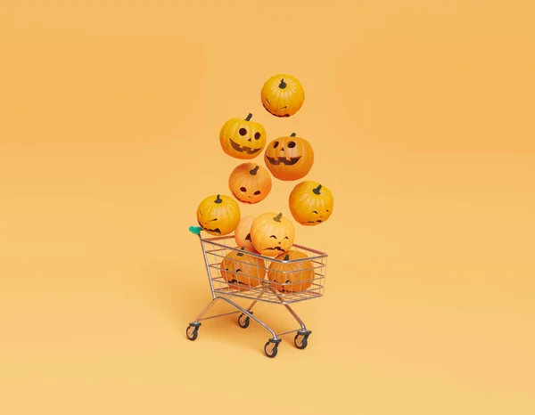 Carro Compras Con Calabazas Cayendo Concepto Compras Halloween Ofertas Renderizado — Foto de Stock