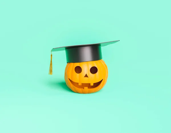 Halloween Tök Boldog Arccal Ballagási Sapkával Oktatási Koncepció Renderelés — Stock Fotó