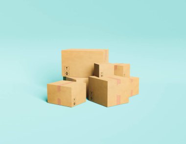 Pastel arka planda asgari teslimat paketleri var. Ev teslimatı, online alışveriş ve depolama konsepti. 3d oluşturma