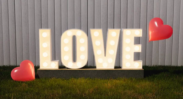 LOVE signboard with light bulbs on green grass with wooden background and heart balloons around them. wedding decor. 3d rendering
