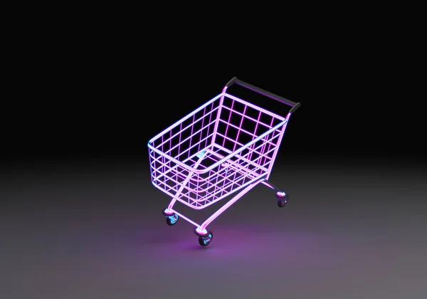 Carrito Compras Neón Flotando Aire Renderizado — Foto de Stock