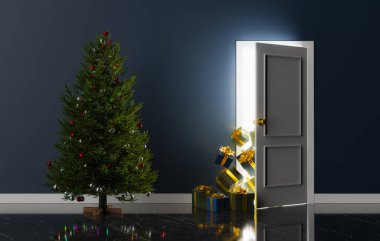 Yarı açık bir kapı, dışarı bakan hediyeler ve bir noel ağacı. 3d oluşturma