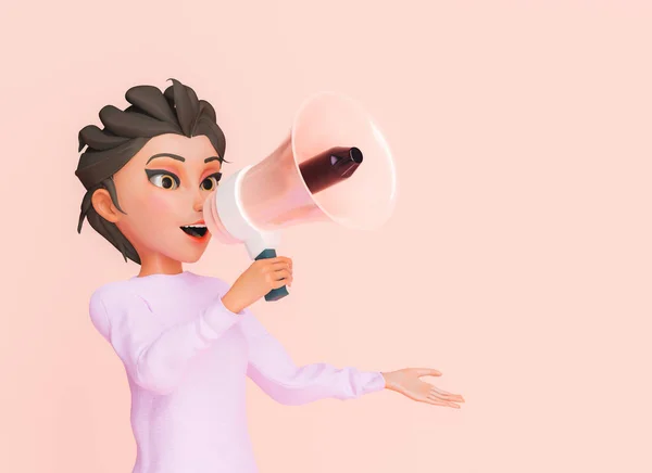 stylized 3d female character talking through a megaphone with pastel colors. 3d rendering