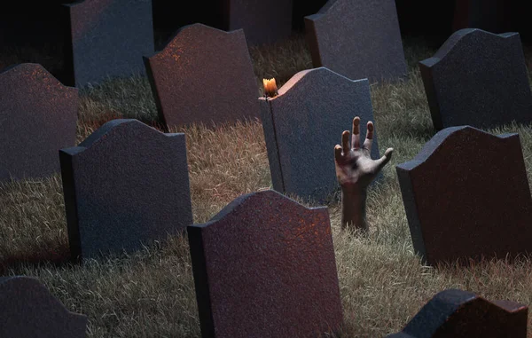 Mezar Taşlarıyla Dolu Bir Mezarlıktan Zombi Eli Çıkıyor Oluşturma — Stok fotoğraf