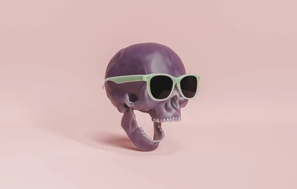 Kafatası, ağzı açık ve güneş gözlüklü. 3d oluşturma