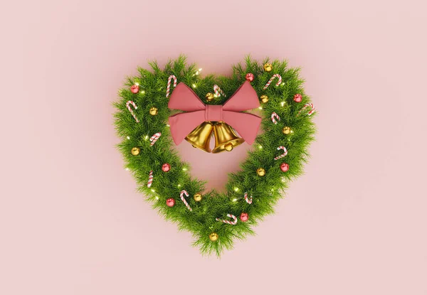 Grinalda Natal Forma Coração Decorado Com Doces Bolas Sinos Com — Fotografia de Stock