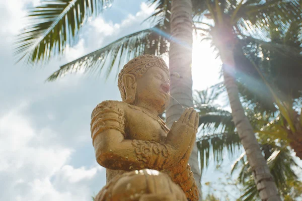 Budhda na tle plaży z palmą. Tajlandia, Koh Samui wyspa. — Zdjęcie stockowe