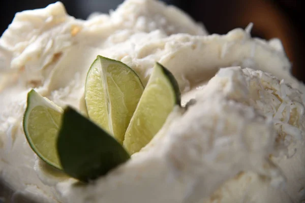 Vegan Gelato with coconut and lime, closeup of dessert