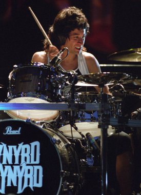 DENVER	JULY 02:		Drummer Michael Cartellone of the Southern Rock Band Lynyrd Skynyrd performs in concert July 24, 2002 at Red Rocks Amphitheater in Denver, CO