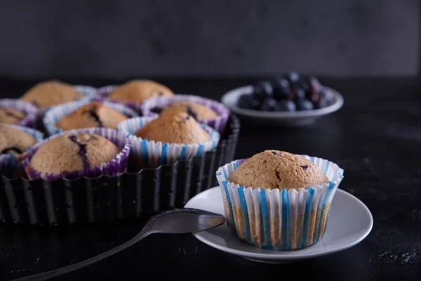 Deliciosos Cupcakes Caseros Llenos Arándanos Presentados Pequeños Moldes —  Fotos de Stock