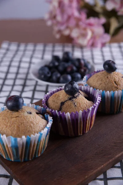 Heerlijke Zelfgemaakte Cupcakes Gevuld Met Bosbessen Gepresenteerd Kleine Schimmels — Stockfoto