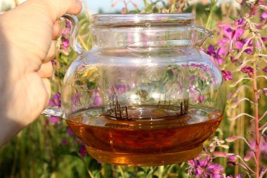 Ot ve çayır otunun arka planında kapağı olmayan çaydanlık.