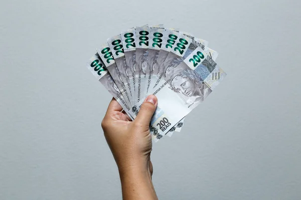 Hände Mit Brasilianischen Real Scheinen Brasilien Brl Banknote Brasilianische Währung — Stockfoto