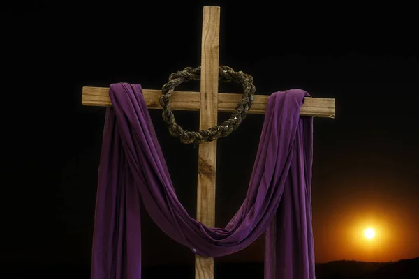 Wooden Cross Crown Thorns Purple Fabric Catholic Symbols Time Lent — Stock Photo, Image