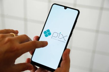 Minas Gerais, Brezilya - 29 Nisan 2021: Brezilya 'nın Pix merkez bankasıyla cep telefonu ekranı