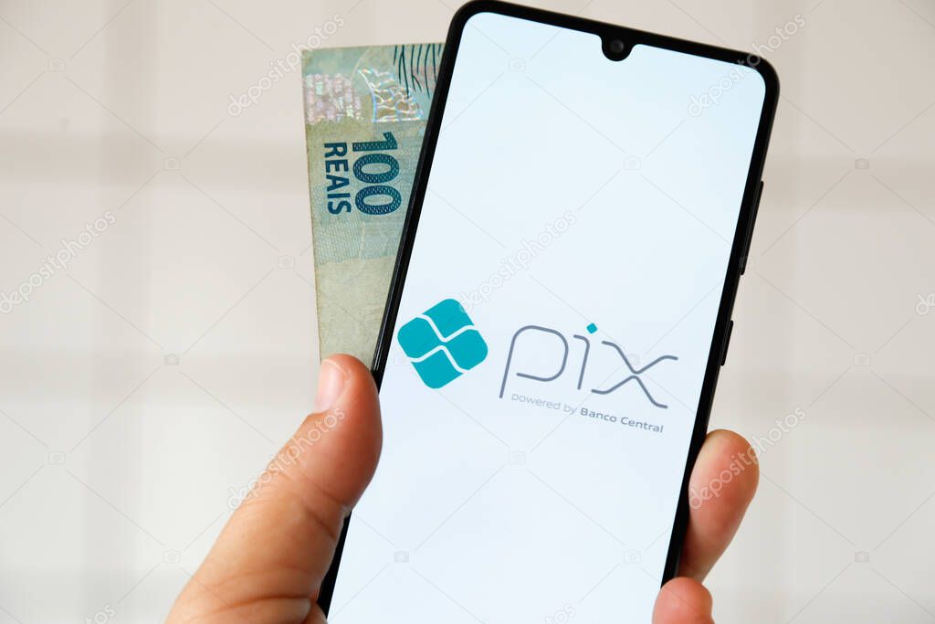 Minas Gerais, Brazil - April 29, 2021: cell phone screen with pix central bank of brazil instant payment system