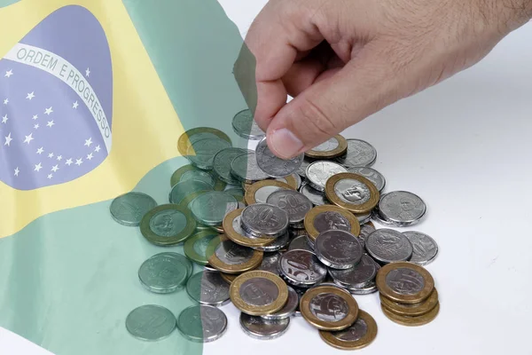 Brazil Real Money Coin Group Handling Economics Finance Brazil Flag — Stock Photo, Image