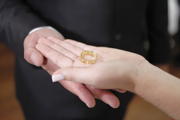 Palms open with wedding rings — Stock Photo, Image