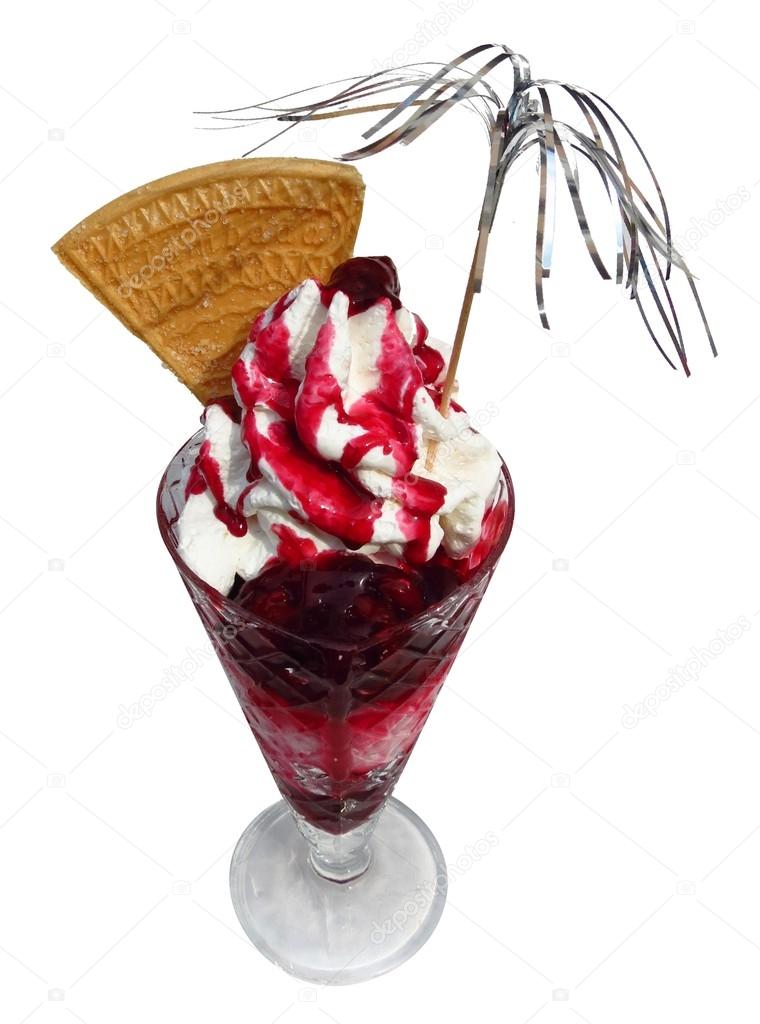 Ice cream sundae with wafer, cherries and whipped cream